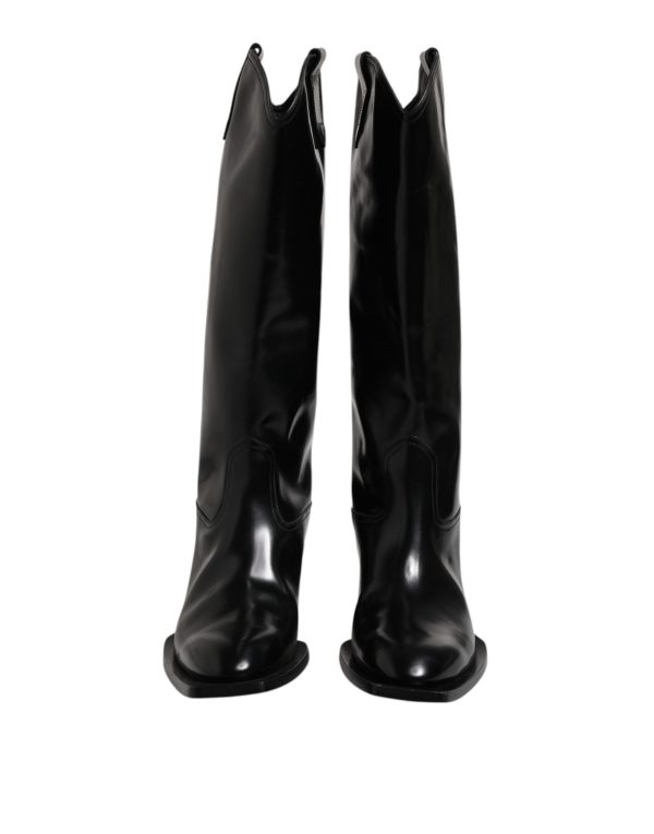 Black Calfskin Leather Logo High Boots Shoes - Image 2