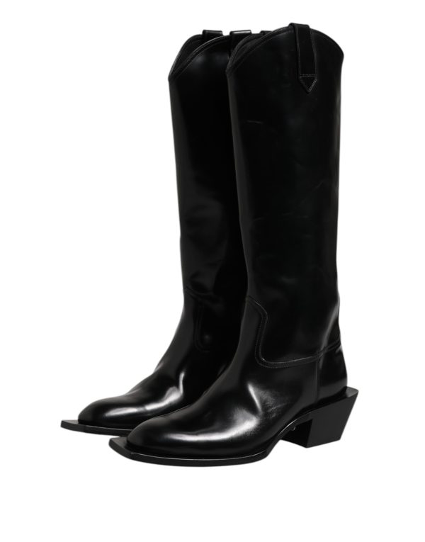 Black Calfskin Leather Logo High Boots Shoes - Image 4