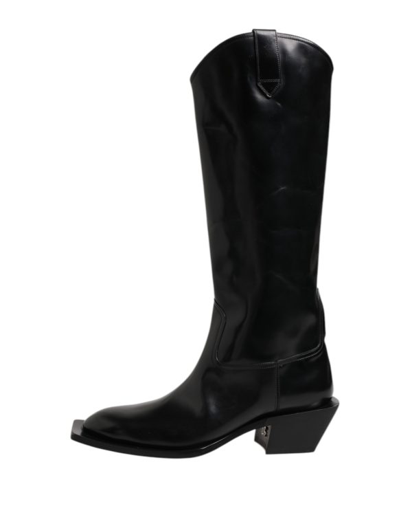 Black Calfskin Leather Logo High Boots Shoes - Image 6