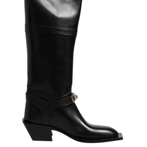 Black Leather High Boots Flats Shoes