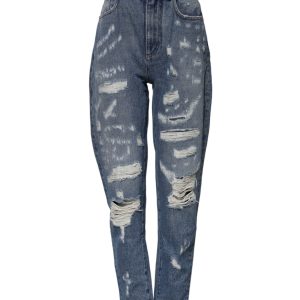 Blue Cotton Tattered High Waist Denim Jeans