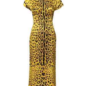 Yellow Polyester Leopard Midi Sheath Dress