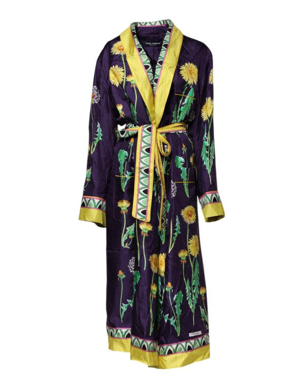 Blue Floral Print Silk Long Sleeves Wrap Robe - Image 2
