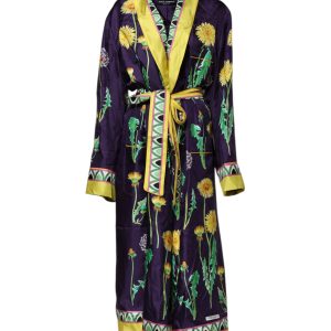 Blue Floral Print Silk Long Sleeves Wrap Robe