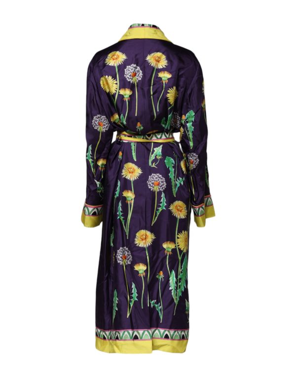 Blue Floral Print Silk Long Sleeves Wrap Robe - Image 3