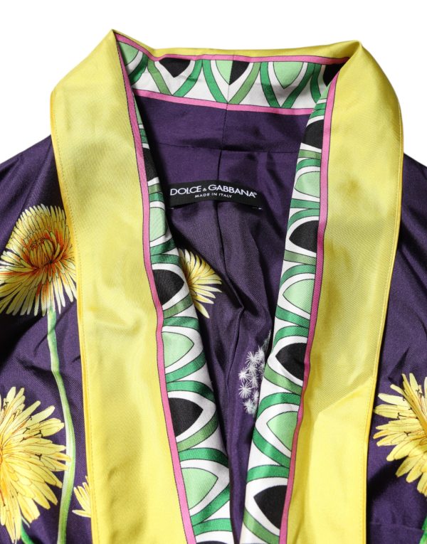 Blue Floral Print Silk Long Sleeves Wrap Robe - Image 4