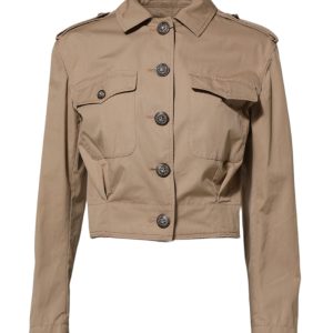 Beige Cotton Button Up Fitted Cropped Jacket
