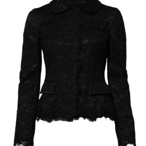 Black Floral Lace Cotton Collared Jacket