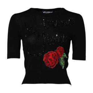 Black Rose Sequin Embellishments Blouse Top