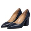Blue Leather Pointed Toe Block Heels Shoes - Image 4