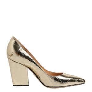 Gold Leather Pointed Toe Block Heels Shoes