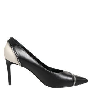 White Black Leather Pointed Toe Heels Shoes
