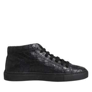 Black Leather Lace Up Mid Top Sneakers Shoes