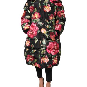 Black Floral Print Puffer Long Coat Jacket