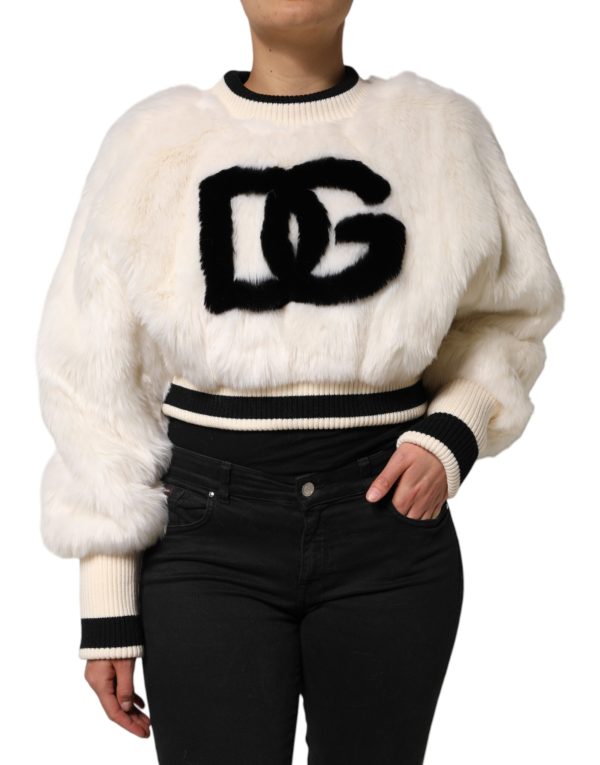 White Cropped Faux Fur DG Sweatshirt Sweater - Image 2