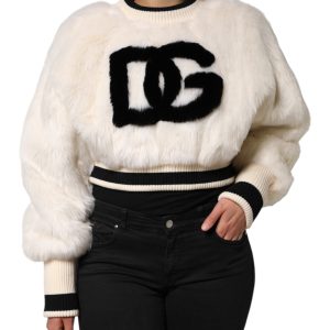 White Cropped Faux Fur DG Sweatshirt Sweater