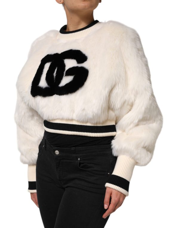 White Cropped Faux Fur DG Sweatshirt Sweater - Image 3