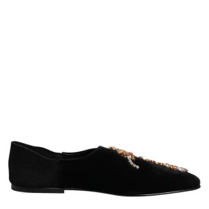 Black Velvet Embellished Loafer Slip On Shoes