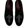 Black Velvet Embellished Loafer Slip On Shoes - Image 3