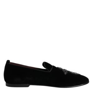 Black Velvet Embellished Loafer Slip On Shoes