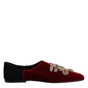 Black Red Velvet Embellished Slip On Shoes