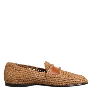 Brown Woven Raffia Slip On Loafers Shoes